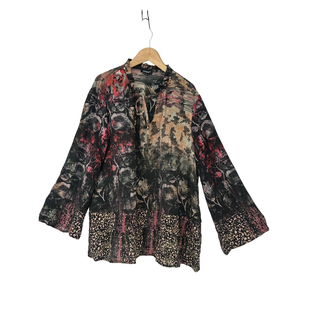 Tolani 100% Silk Blouse Womens L Black Abstract Boho Festival Art To Wear Artsy